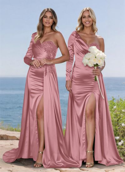 Exquisite Floral Embroidered One-Shoulder Bridesmaid Dresses With High Split