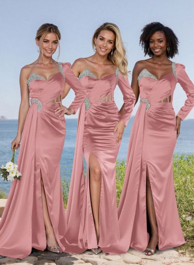 Classic Illusion Corset One-Shoulder Long Sleeves Bridesmaid Dress With Sweeping Side Drape