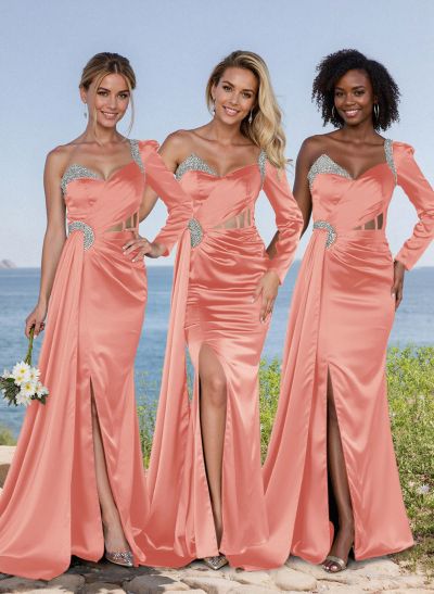 Classic Illusion Corset One-Shoulder Long Sleeves Bridesmaid Dress With Sweeping Side Drape