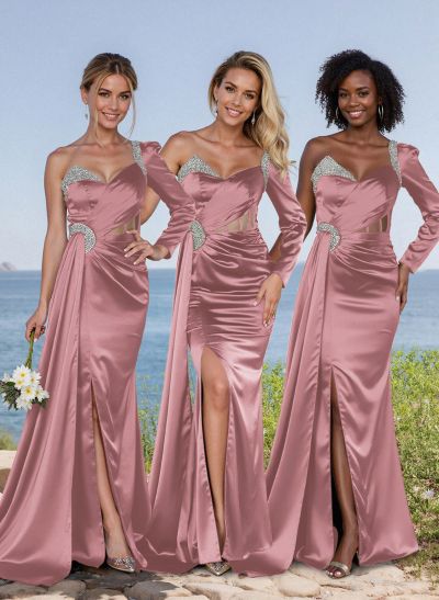 Classic Illusion Corset One-Shoulder Long Sleeves Bridesmaid Dress With Sweeping Side Drape