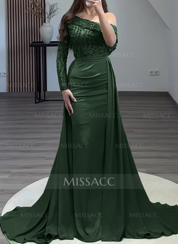 Sheath/Column Asymmetrical Silk Like Satin Evening Dresses With Beading