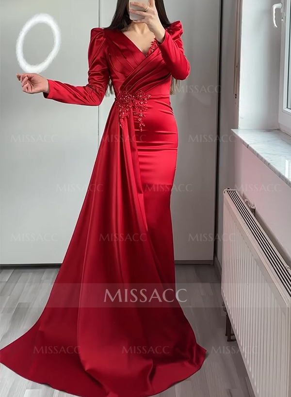 Sheath/Column V-Neck Long Sleeves Satin Evening Dresses With Appliques Lace