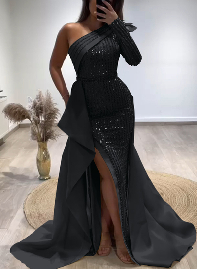 Sheath/Column One-Shoulder Long Sleeves Satin Evening Dresses With Split Front