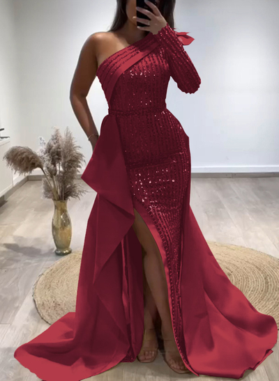 Sheath/Column One-Shoulder Long Sleeves Satin Evening Dresses With Split Front