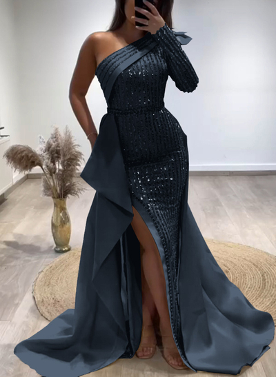 Sheath/Column One-Shoulder Long Sleeves Satin Evening Dresses With Split Front