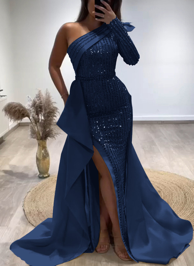 Sheath/Column One-Shoulder Long Sleeves Satin Evening Dresses With Split Front