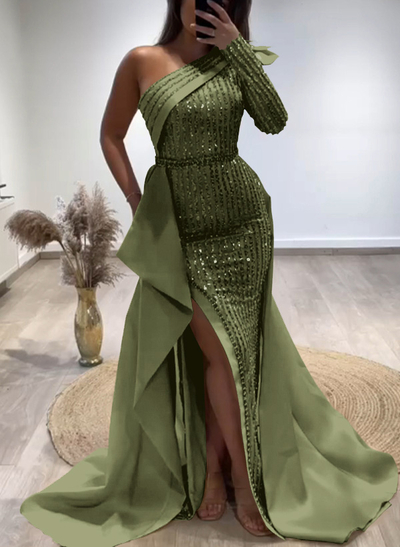 Sheath/Column One-Shoulder Long Sleeves Satin Evening Dresses With Split Front