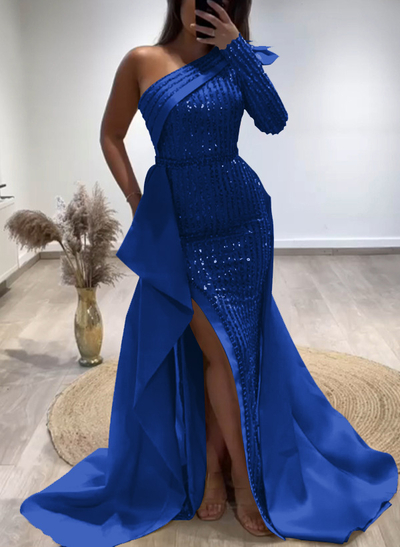 Sheath/Column One-Shoulder Long Sleeves Satin Evening Dresses With Split Front
