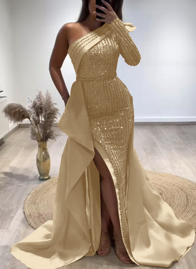 Sheath/Column One-Shoulder Long Sleeves Satin Evening Dresses With Split Front