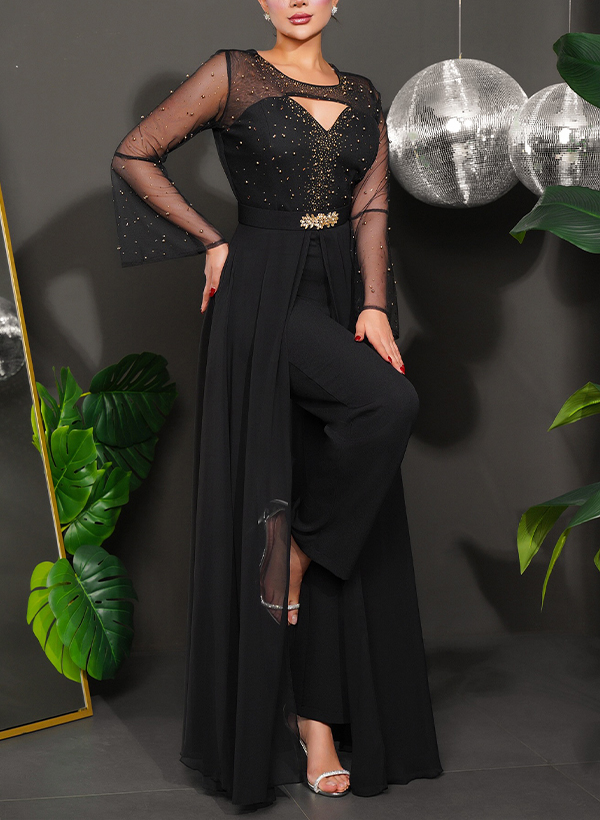 Jumpsuit/Pantsuit Illusion Neck Floor-Length Chiffon Evening Dresses