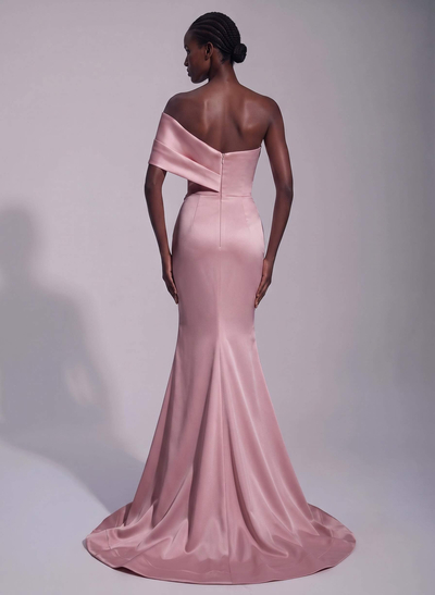 Trumpet/Mermaid Asymmetrical Sleeveless Sweep Train Matte Satin Evening Dresses With Split Front
