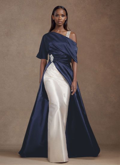 Unique Two Tone Asymmetrical Overskirt Satin Evening Dresses With Rhinestone