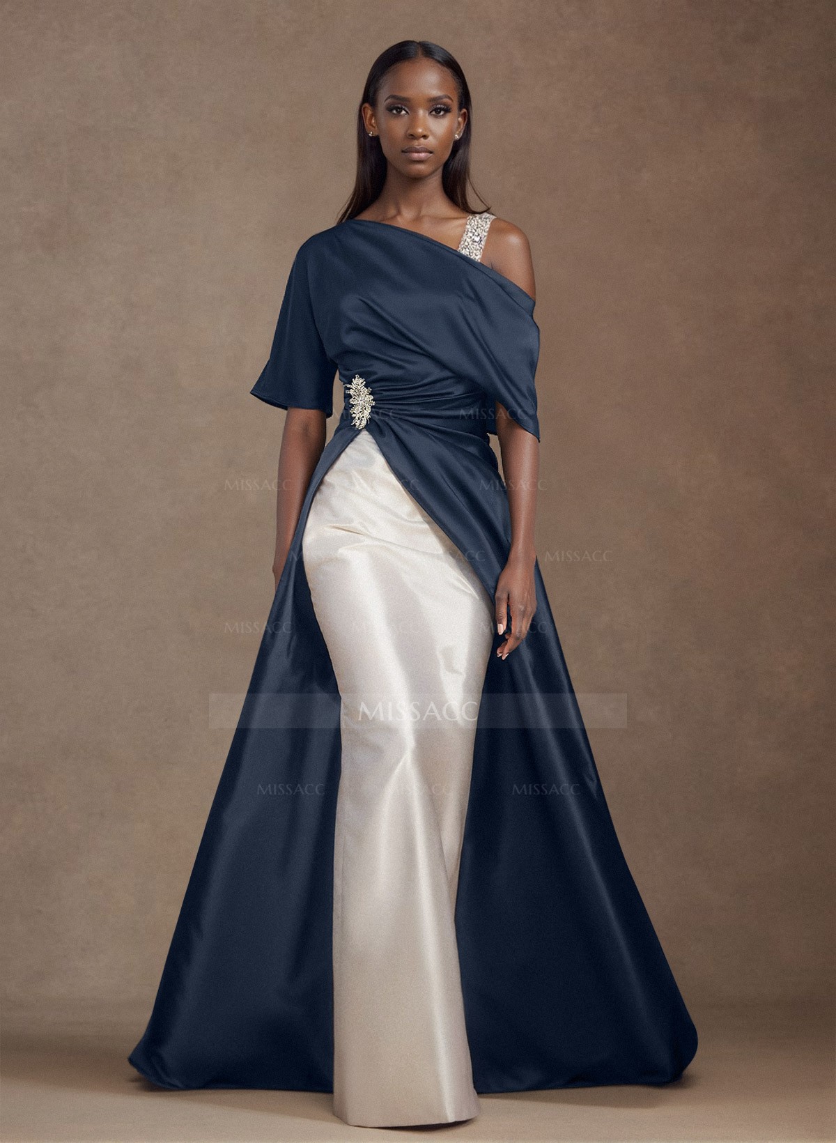 Unique Two Tone Asymmetrical Overskirt Satin Evening Dresses With Rhinestone