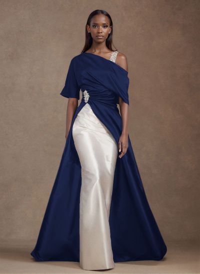 Unique Two Tone Asymmetrical Overskirt Crepe Satin Evening Dresses With Rhinestone