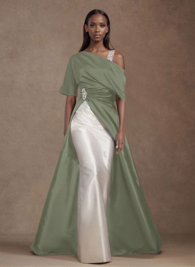 Unique Two Tone Asymmetrical Overskirt Crepe Satin Evening Dresses With Rhinestone