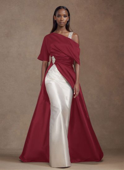 Unique Two Tone Asymmetrical Overskirt Crepe Satin Evening Dresses With Rhinestone