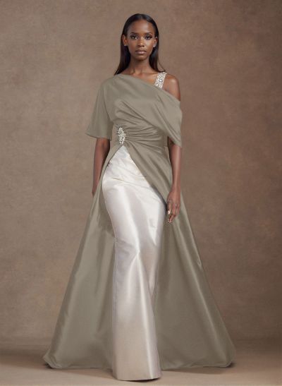 Unique Two Tone Asymmetrical Overskirt Crepe Satin Evening Dresses With Rhinestone