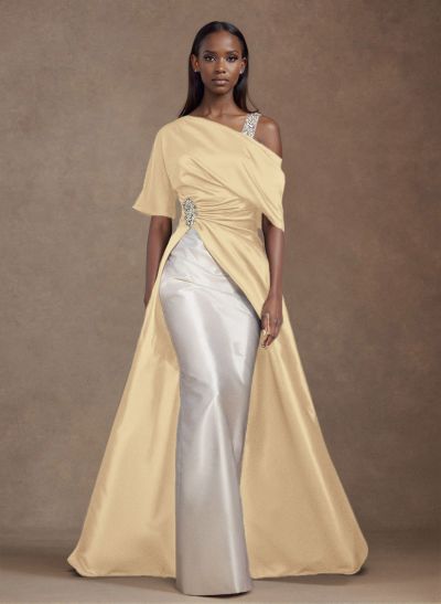 Unique Two Tone Asymmetrical Overskirt Crepe Satin Evening Dresses With Rhinestone