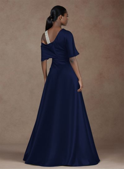 Unique Two Tone Asymmetrical Overskirt Crepe Satin Evening Dresses With Rhinestone