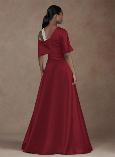 Unique Two Tone Asymmetrical Overskirt Crepe Satin Evening Dresses With Rhinestone