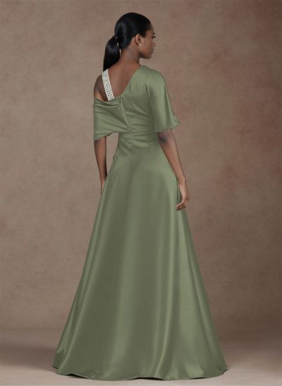 Unique Two Tone Asymmetrical Overskirt Crepe Satin Evening Dresses With Rhinestone