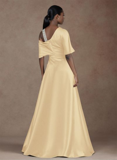 Unique Two Tone Asymmetrical Overskirt Crepe Satin Evening Dresses With Rhinestone