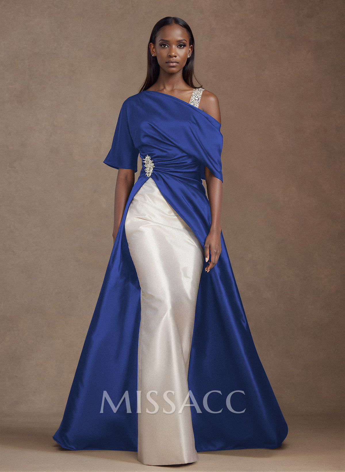 Unique Two Tone Asymmetrical Overskirt Crepe Satin Evening Dresses With Rhinestone Unique Two Tone Asymmetrical Overskirt Crepe Satin Evening Dresses With Rhinestone