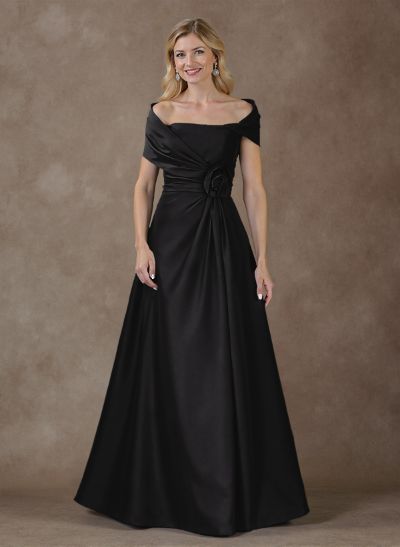 Modest A-Line Wrap Off Shoulder Sleeveless Satin Evening Dresses With 3D Floral