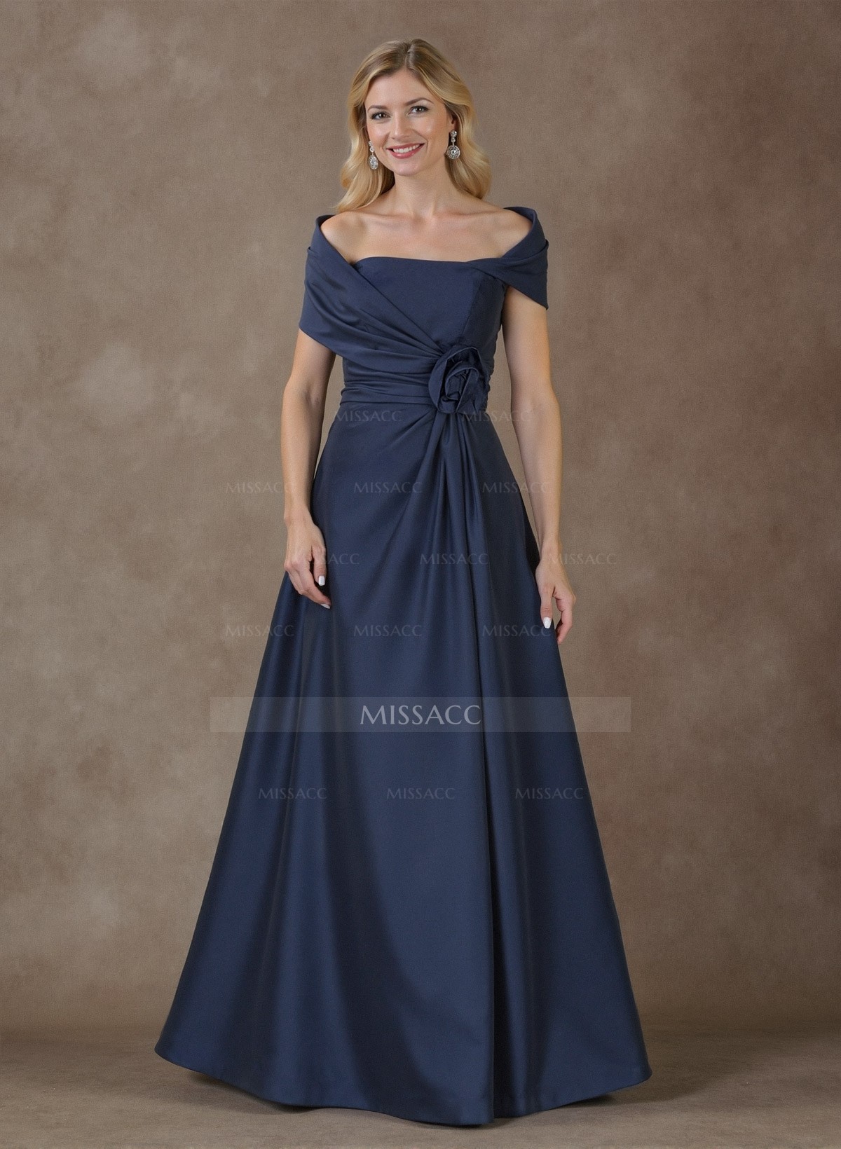 Modest A-Line Wrap Off Shoulder Sleeveless Satin Evening Dresses With 3D Floral