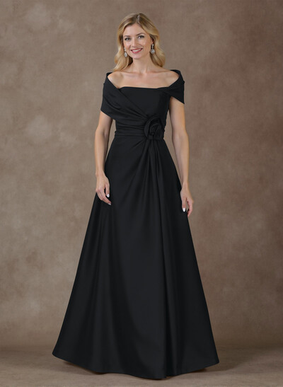Modest A-Line Wrap Off Shoulder Sleeveless Satin Evening Dresses With 3D Floral