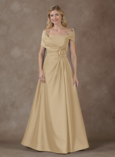 Modest A-Line Wrap Off Shoulder Sleeveless Satin Evening Dresses With 3D Floral