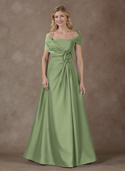 Modest A-Line Wrap Off Shoulder Sleeveless Satin Evening Dresses With 3D Floral