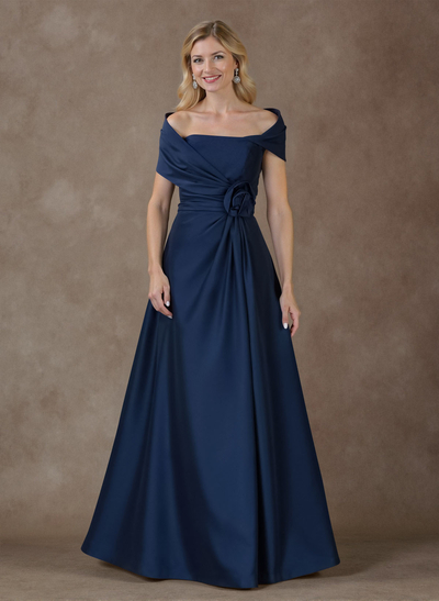 Modest A-Line Wrap Off Shoulder Sleeveless Satin Evening Dresses With 3D Floral