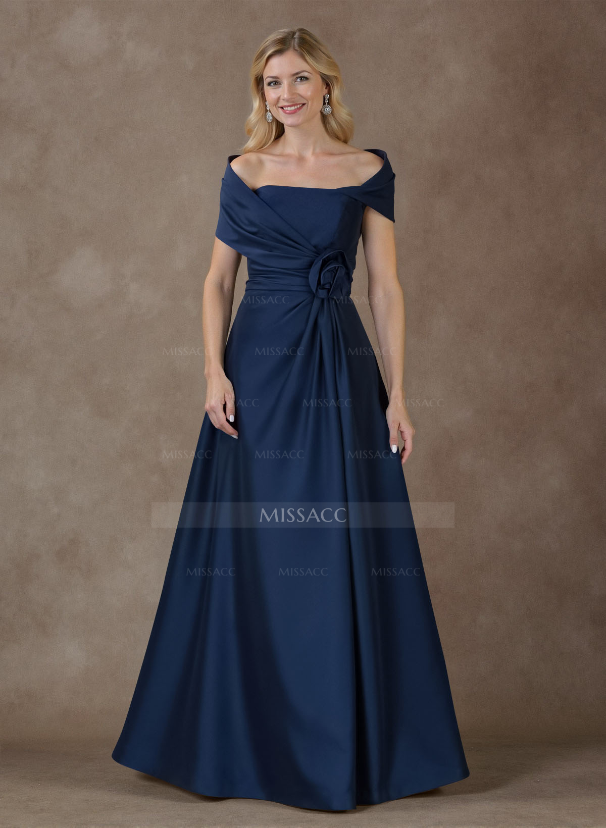 Modest A-Line Wrap Off Shoulder Sleeveless Satin Evening Dresses With 3D Floral