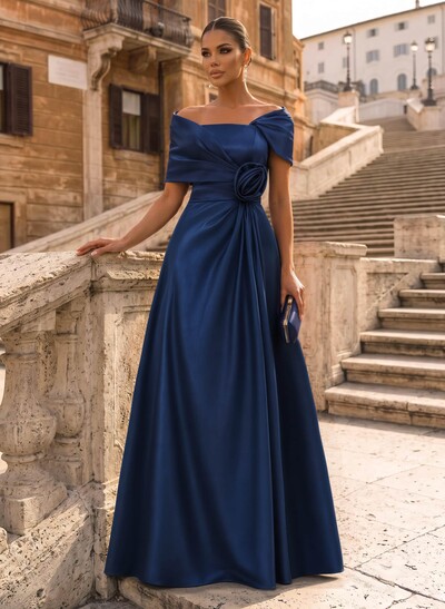 Modest A-Line Wrap Off Shoulder Sleeveless Satin Evening Dresses With 3D Floral