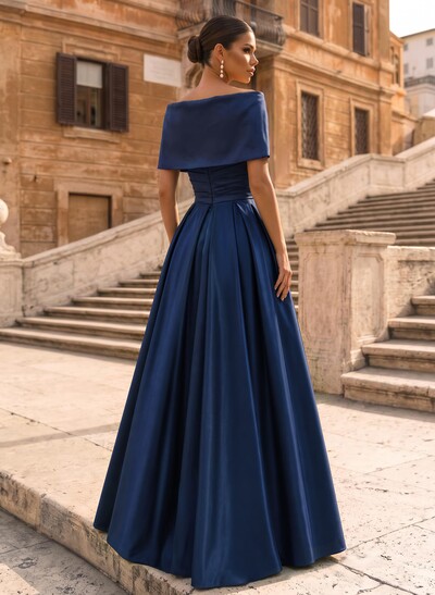 Modest A-Line Wrap Off Shoulder Sleeveless Satin Evening Dresses With 3D Floral