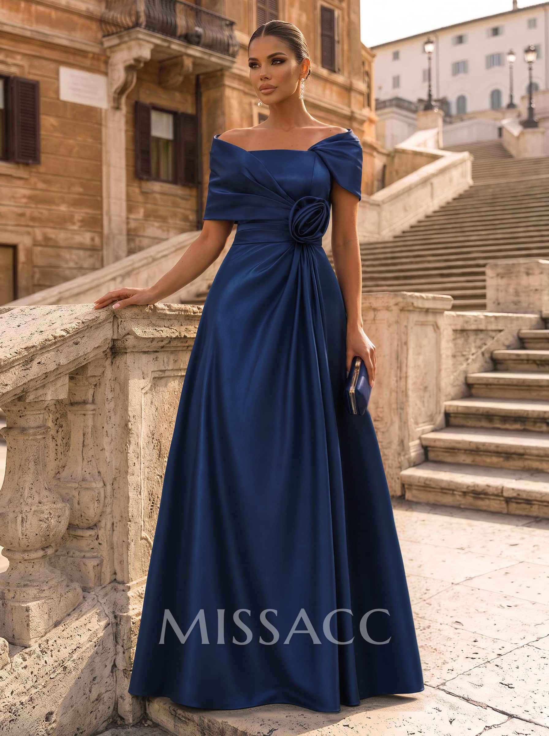 Modest A-Line Wrap Off Shoulder Sleeveless Satin Evening Dresses With 3D Floral Modest A-Line Wrap Off Shoulder Sleeveless Satin Evening Dresses With 3D Floral