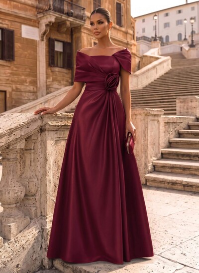 Modest A-Line Wrap Off Shoulder Sleeveless Satin Evening Dresses With 3D Floral