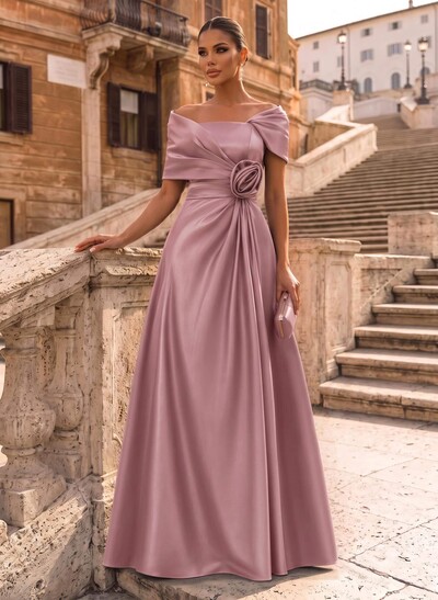 Modest A-Line Wrap Off Shoulder Sleeveless Satin Evening Dresses With 3D Floral