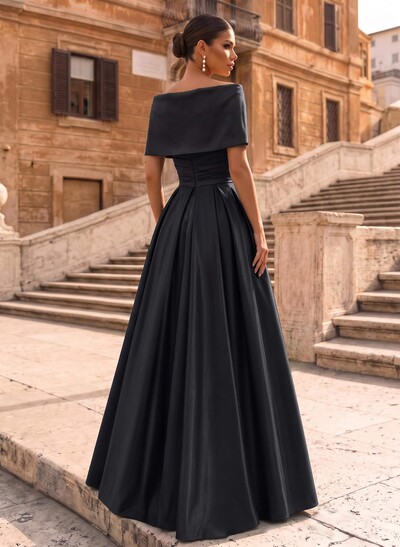 Modest A-Line Wrap Off Shoulder Sleeveless Satin Evening Dresses With 3D Floral
