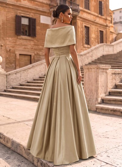 Modest A-Line Wrap Off Shoulder Sleeveless Satin Evening Dresses With 3D Floral