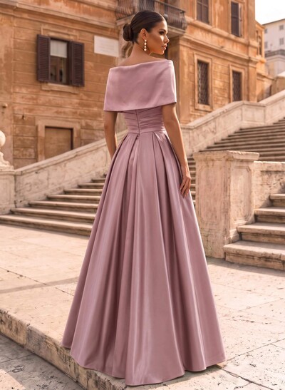 Modest A-Line Wrap Off Shoulder Sleeveless Satin Evening Dresses With 3D Floral