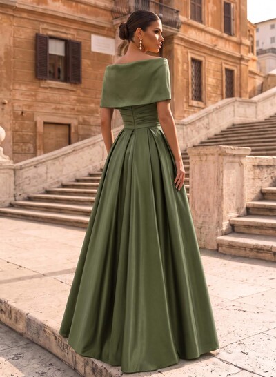 Modest A-Line Wrap Off-Shoulder Sleeveless Satin Formal Dress With 3D Floral Appliqué