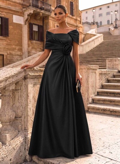 Modest A-Line Wrap Off Shoulder Sleeveless Satin Evening Dresses With 3D Floral