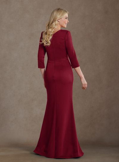 Modest Trumpet Long Sleeves V-Neck Ruched Satin Evening Dresses With Ruffle