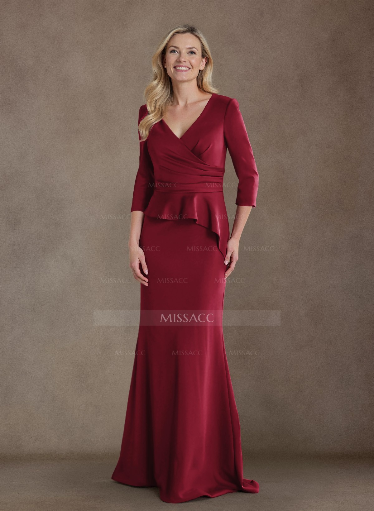 Modest Trumpet Long Sleeves V-Neck Ruched Satin Evening Dresses With Ruffle