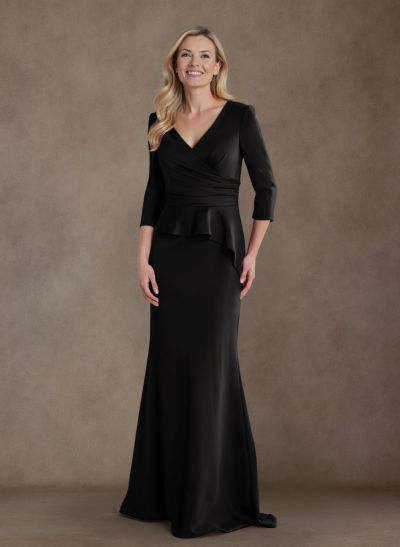 Modest Trumpet Long Sleeves V-Neck Ruched Elastic Satin Evening Dresses With Ruffle