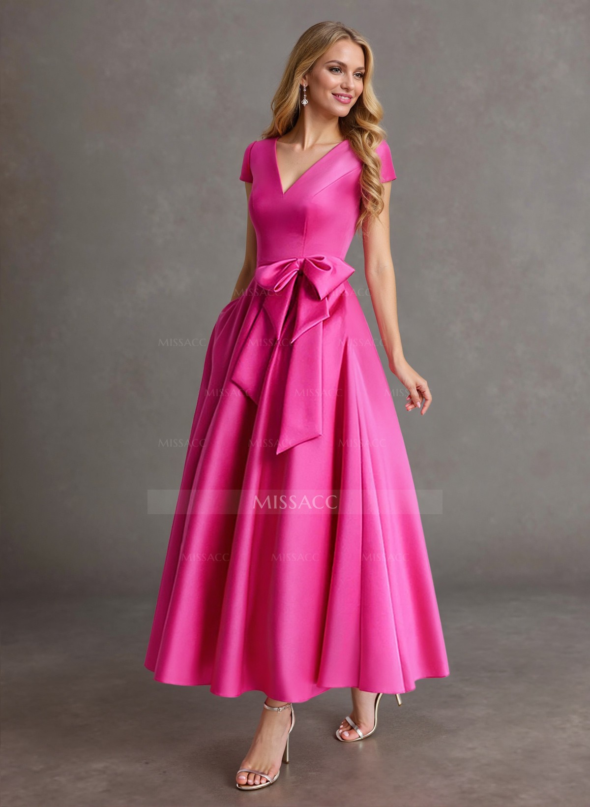 Elegant A-Line V-Neck Cap Sleeves Evening Dresses With Bow(s)/Pockets