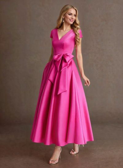 Elegant A-Line V-Neck Cap Sleeves Evening Dresses With Bow(s)/Pockets