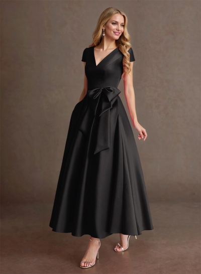 Elegant A-Line V-Neck Cap Sleeves Evening Dresses With Bow(s)/Pockets